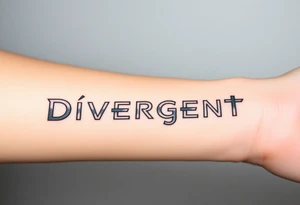 The word "Divergent" written in futuristic metallic font, with a glitch effect to symbolize breaking systems tattoo idea