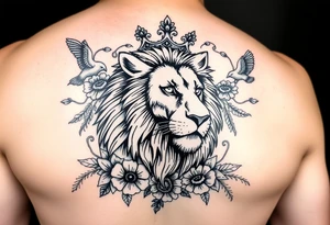 powerful majestic lion with a crown, surrounded by floral ornaments and birds tattoo idea