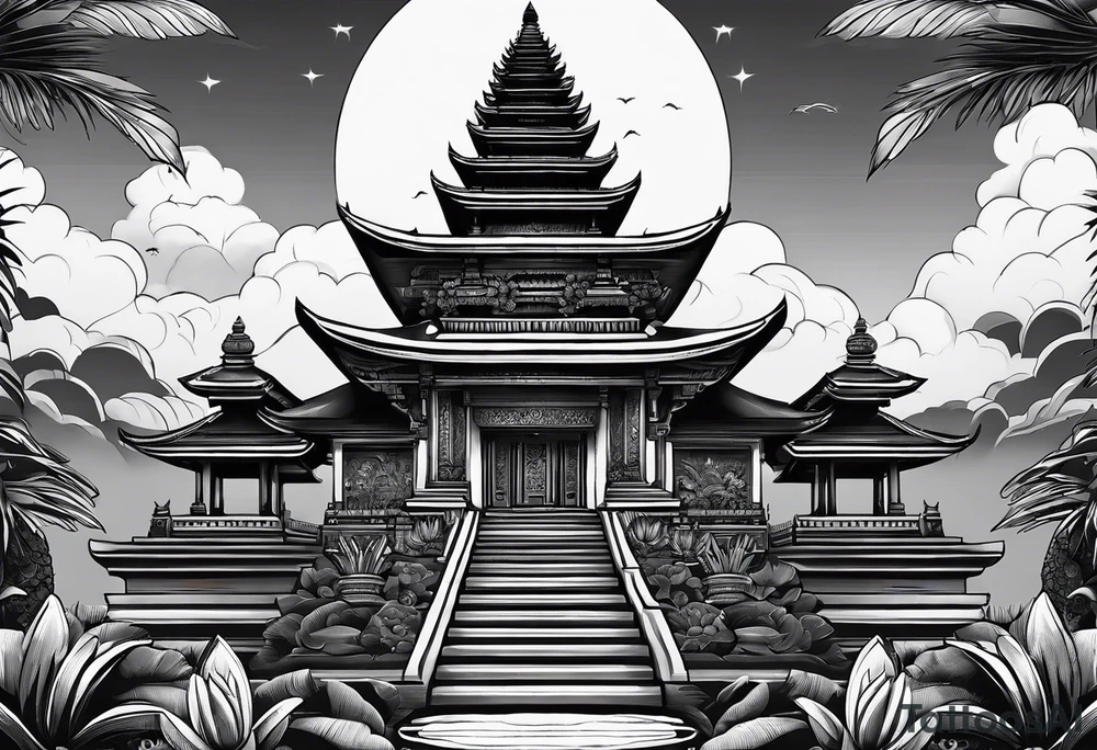 Bali temples black and grey with sunflower tattoo idea