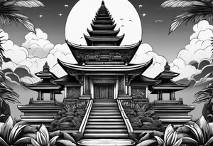 Bali temples black and grey with sunflower tattoo idea