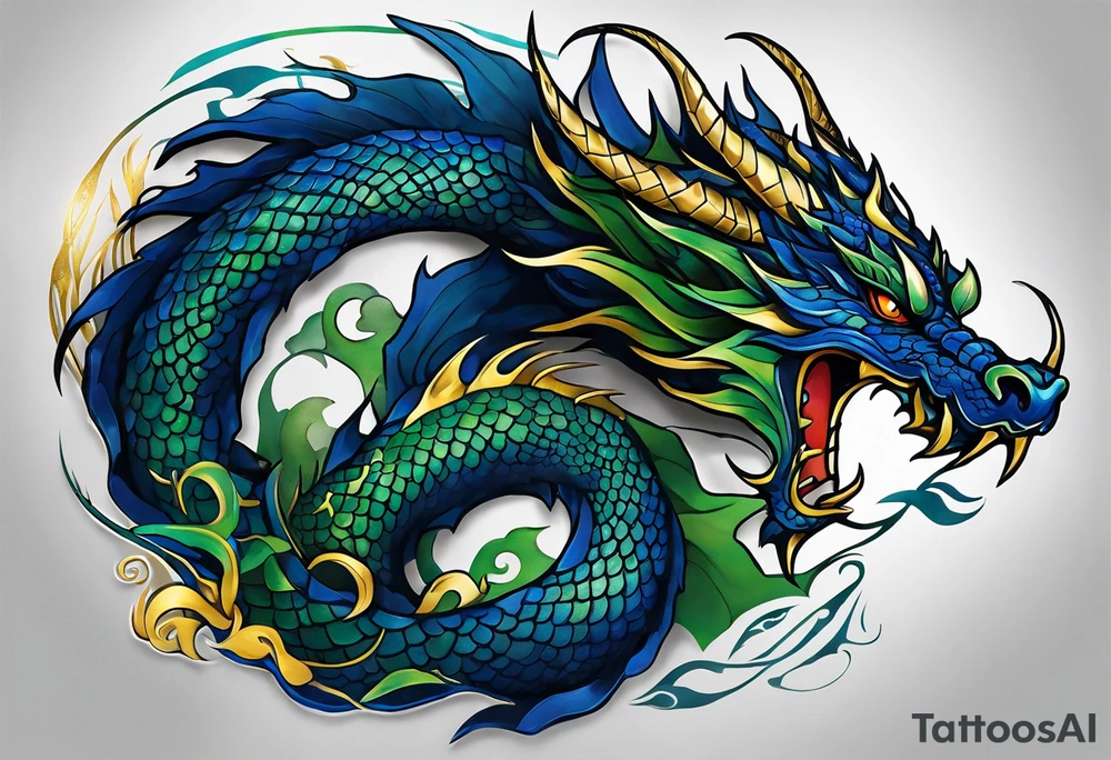 An epic with no wings floating. Its body coiling dynamically, with scales and horns detailed to create a sense of movement and strength. The dragon's main color is dark blue but features accents in green, blue, and gold, giving a vibrant depth and a mystical aura. This tattoo highlights the dragon’s fierce expression and sharp claws as it wraps protectively around the leg. Style: Realism tattoo idea