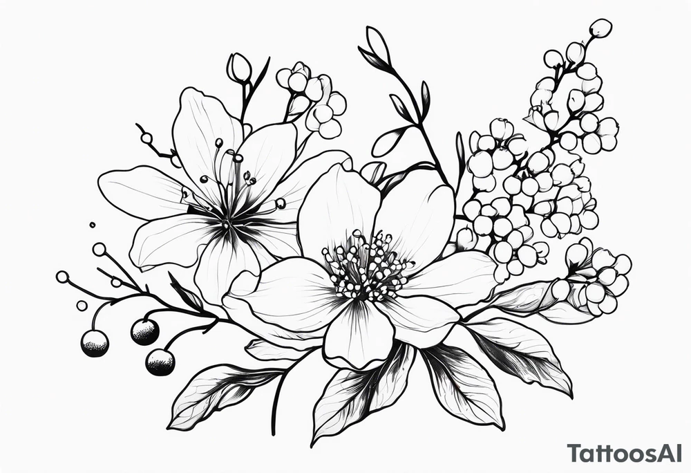 cosmos flower, rowan tree berries, cherry blossoms, lily of the valley tattoo idea