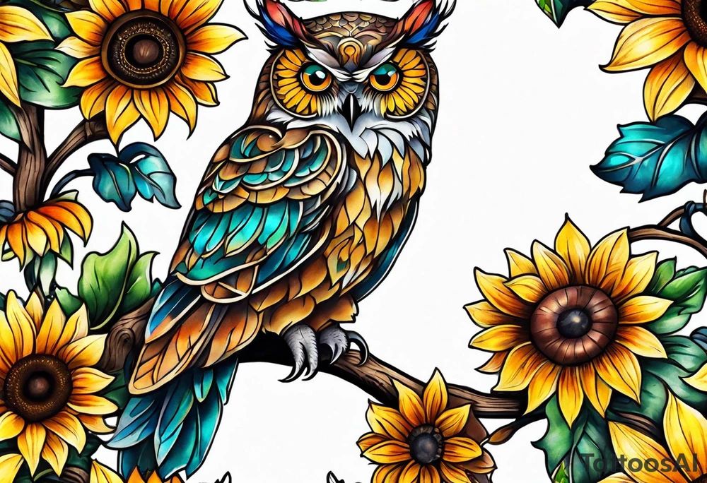 Leg sleeve with colorful sunflowers and an owl tattoo idea