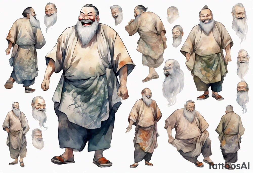 full portrait a large man in a tunic with a grey beard laughing tattoo idea