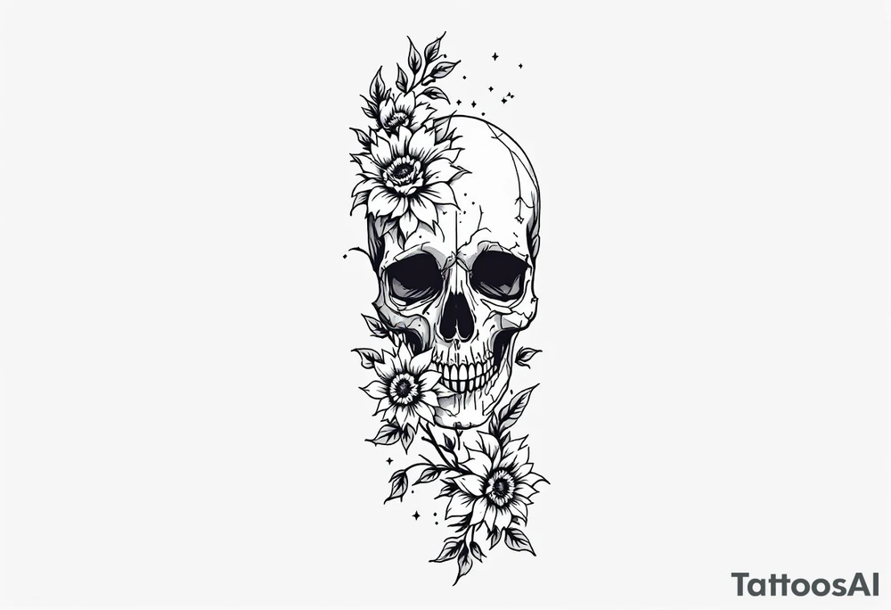 ornate skull adorned with wild roses and sunflowers tattoo idea