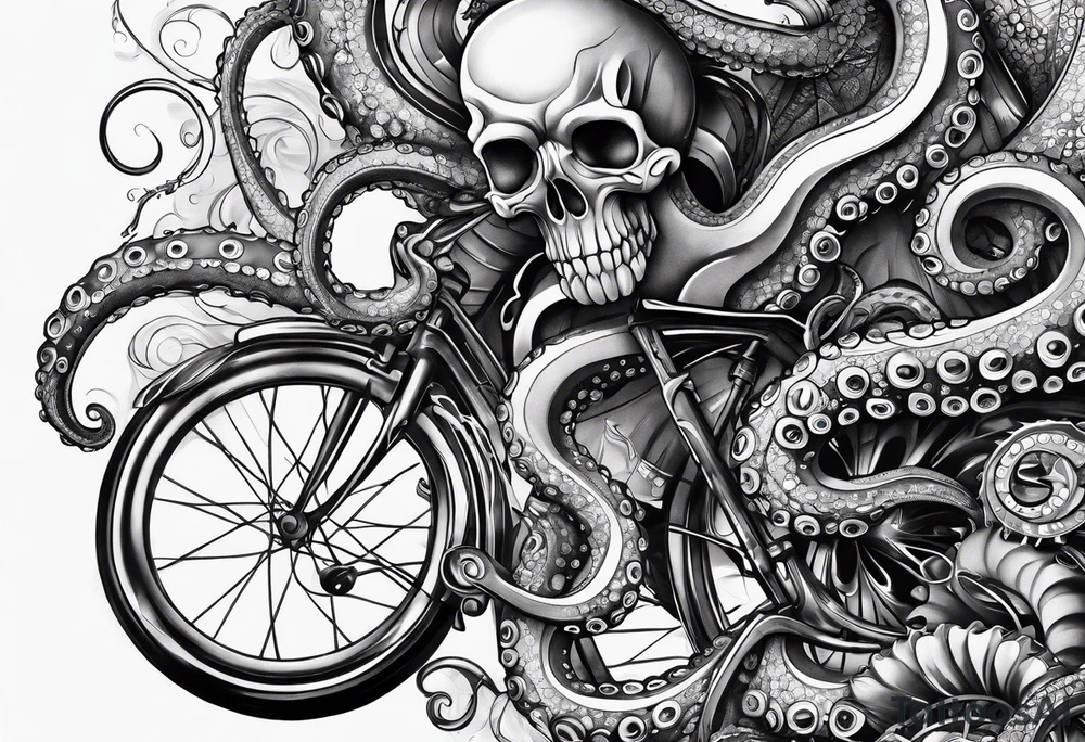 Full arm sleeve , octopus and bicycle parts tattoo idea