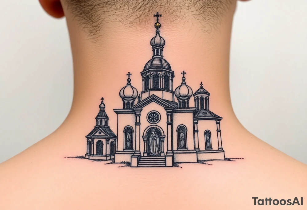 medium sized Russian orthodox church with bulb domes with a prominent russian orthodox style virgin mary stood outside to the left tattoo idea