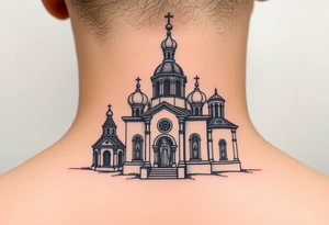 medium sized Russian orthodox church with bulb domes with a prominent russian orthodox style virgin mary stood outside to the left tattoo idea