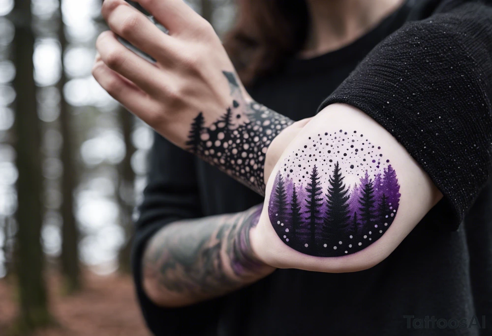 forest, abstract, on hand, no people, purple and black, full, whole wrist wrapped tattoo idea