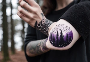forest, abstract, on hand, no people, purple and black, full, whole wrist wrapped tattoo idea