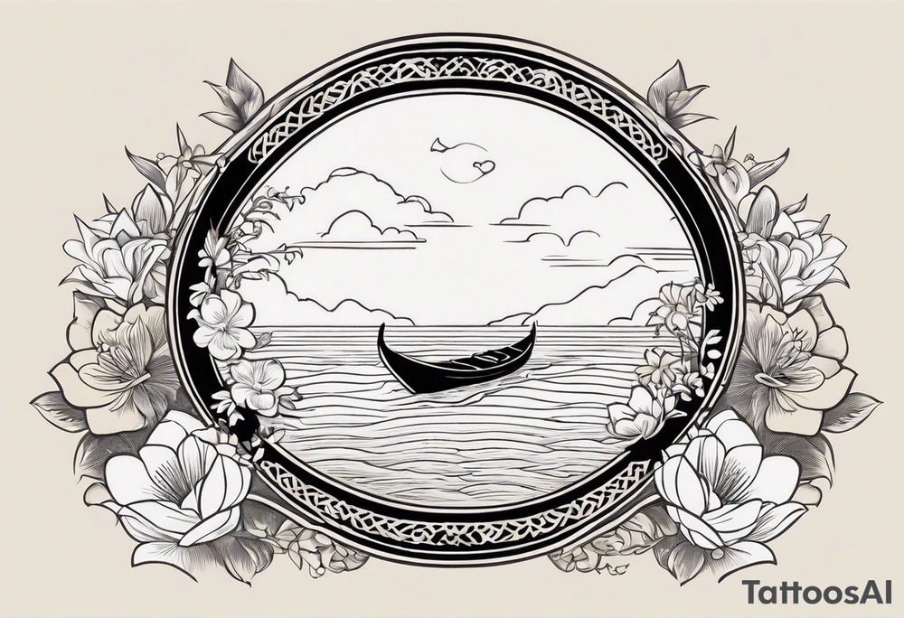 Create an oval-shaped frame with the text “Honeymoon” written in Thai inside the oval. At the center of the oval, place a traditional Thai long-tail boat decorated with flowers at its bow, as is customary. The boat should be floating on open water with gentle waves, and beneath the boat, include a swimming turtle. tattoo idea