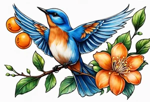 bluebird flying off of branch with orange blossoms tattoo idea