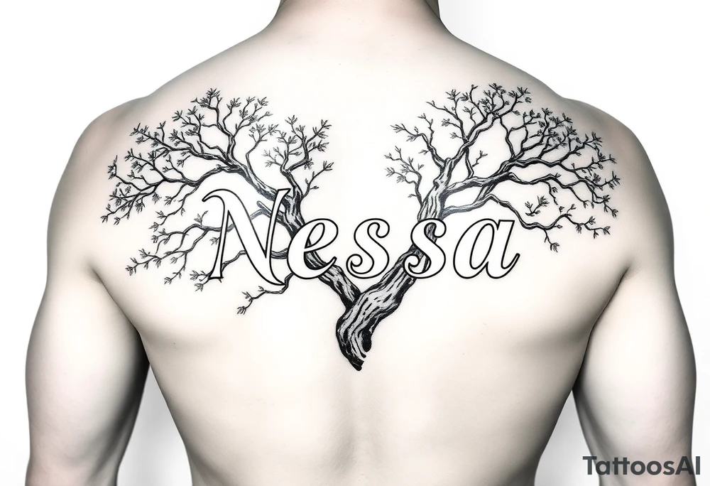 the name Nessa in a live tree tattoo idea