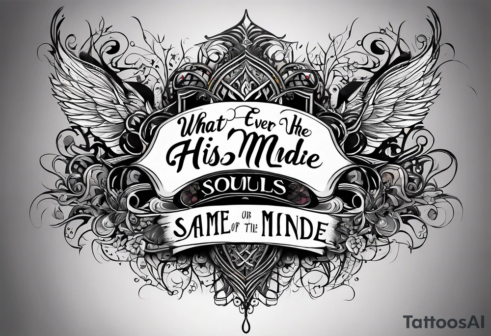 Script lettering saying"What ever our souls are made of, his and mine are the same" gothic tattoo idea