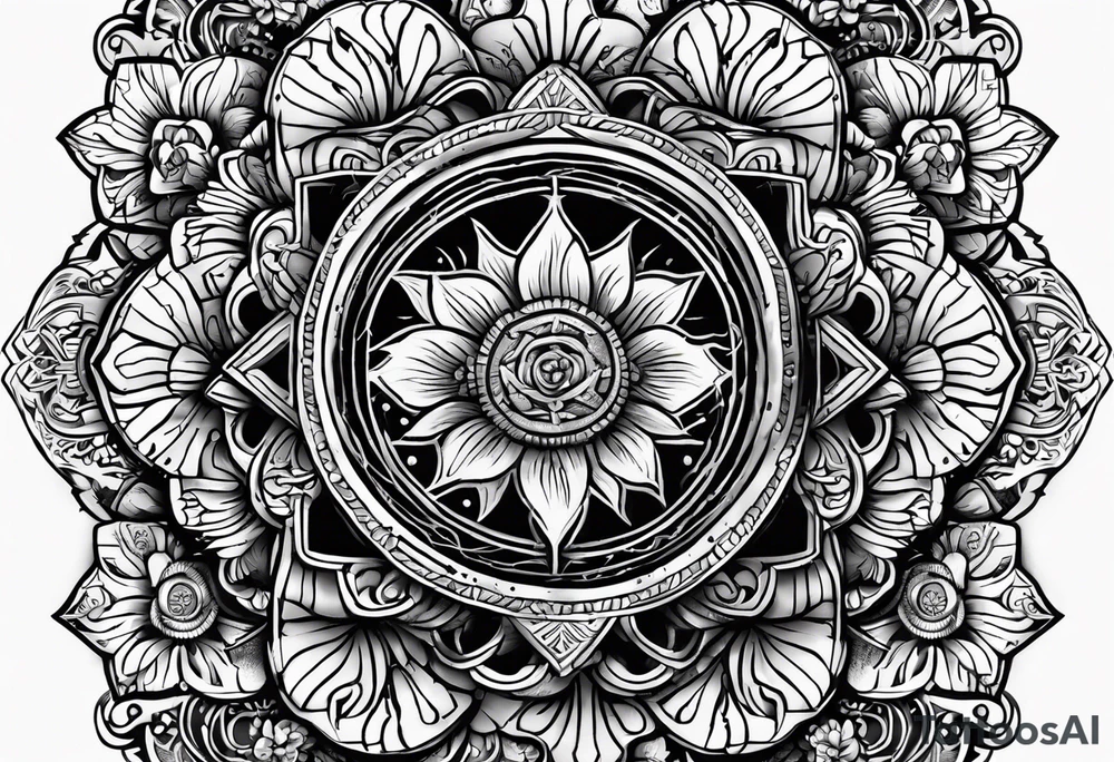 A central cross with the names Kyle Peter Lori on it with lighting a motorcycle and a sunflower around it tattoo idea