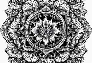 A central cross with the names Kyle Peter Lori on it with lighting a motorcycle and a sunflower around it tattoo idea