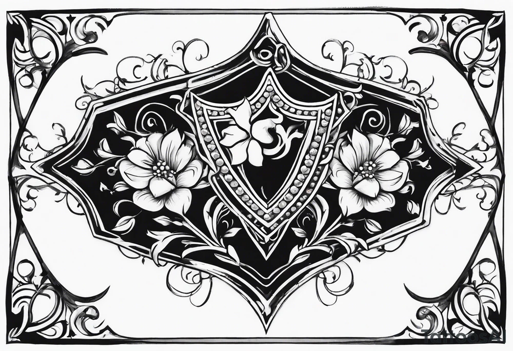 An Iron Shield endowed with diamond shaped gems along the trim, 3 different kinds of flowers create the crest, black vines with bright white thorns wrap and constrict the shield as a tattoo design tattoo idea