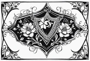 An Iron Shield endowed with diamond shaped gems along the trim, 3 different kinds of flowers create the crest, black vines with bright white thorns wrap and constrict the shield as a tattoo design tattoo idea