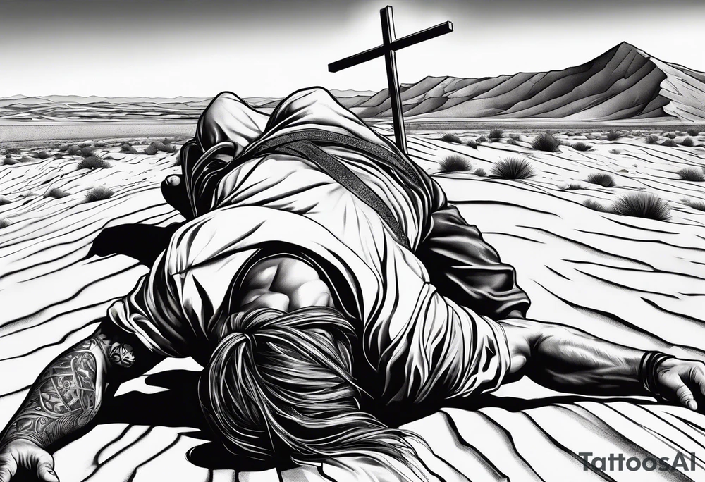 man crawling in a desert reaching to the cross of Christ tattoo idea
