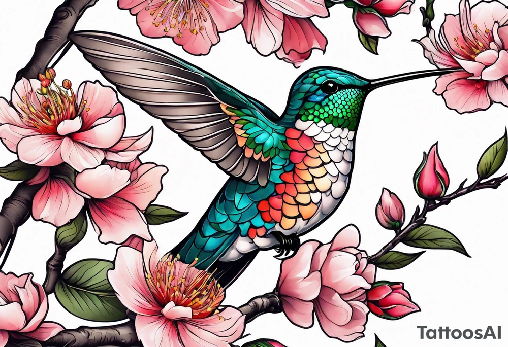 Hummingbird on sakura branche with piony rose tattoo idea