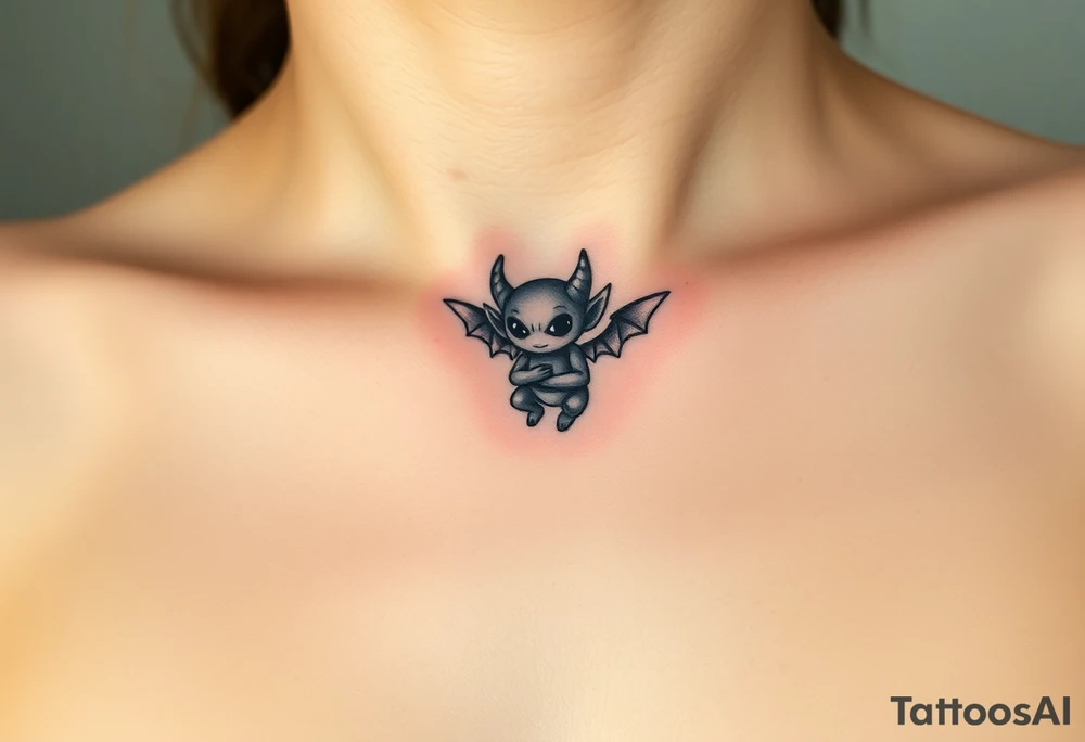 Misfit tiny goblin with wings and horns tattoo idea