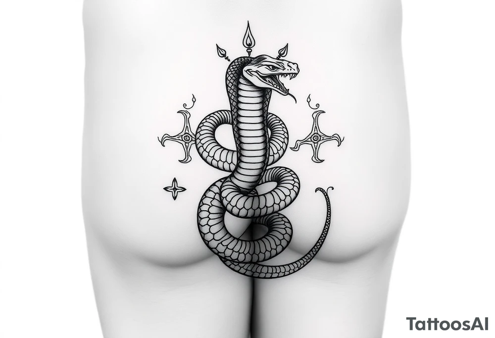 Kundalini cobra coiled around upper thigh onto hip tattoo idea