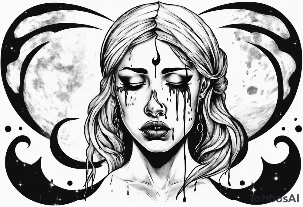 crescent moon with crying woman. she's crying tears of blood. her face is part of the moon. you can't see all of her face tattoo idea