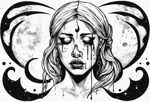 crescent moon with crying woman. she's crying tears of blood. her face is part of the moon. you can't see all of her face tattoo idea