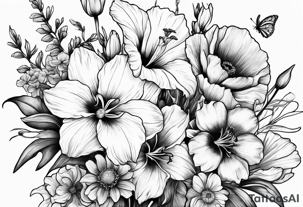 Tied flower bouquet with Violet, Daffodil, Gladiolus, Poppy, Cosmos tattoo idea