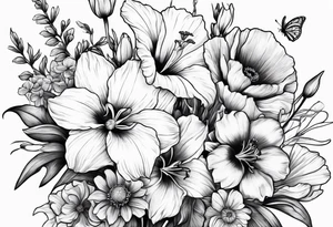 Tied flower bouquet with Violet, Daffodil, Gladiolus, Poppy, Cosmos tattoo idea