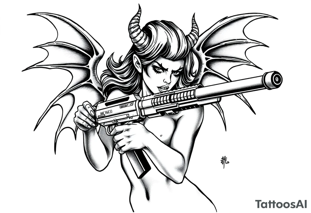 angry succubus holding gun tattoo idea