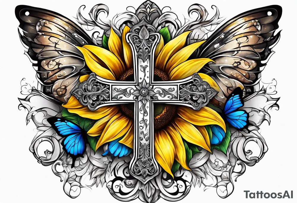 Winged cross with sunflower and butterflies tattoo idea