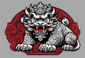 Black and white, grey with red and scarlet accent. Japanese Shisa Okinawa, Thai yak/giant and Thai naga. Image of protection. tattoo idea