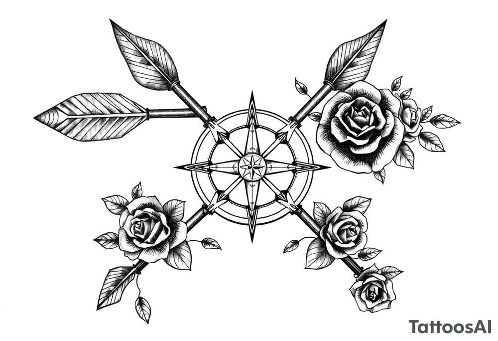 Detailed arrows with compass over top and beautiful rose vines around tattoo idea