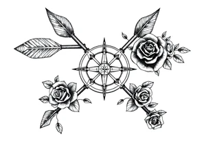 Detailed arrows with compass over top and beautiful rose vines around tattoo idea