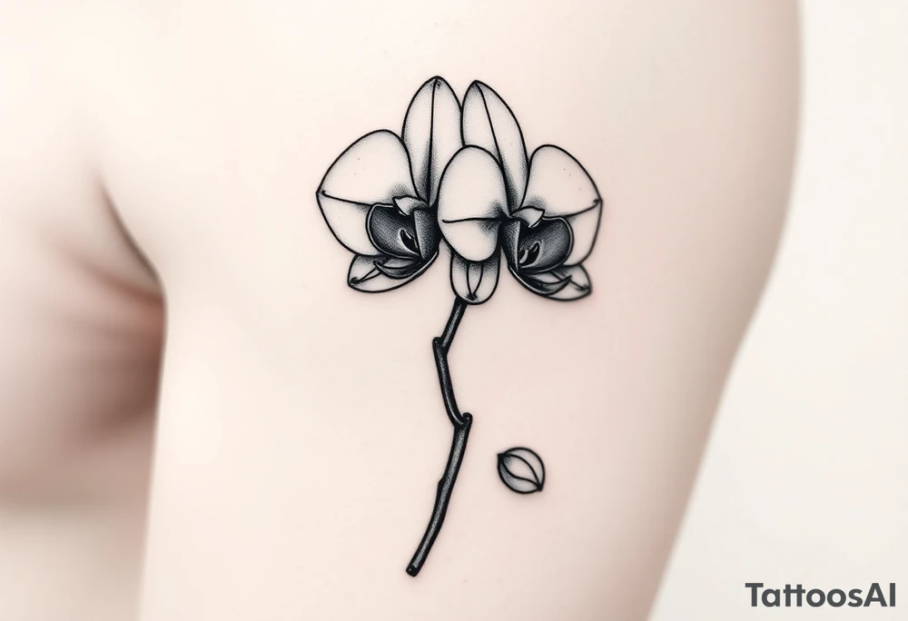 A delicate, black and white fine-line tattoo for make, featuring a gracefully detailed orchid stem with two flowers in full bloom, with soft, intricate petals and elegant curves tattoo idea