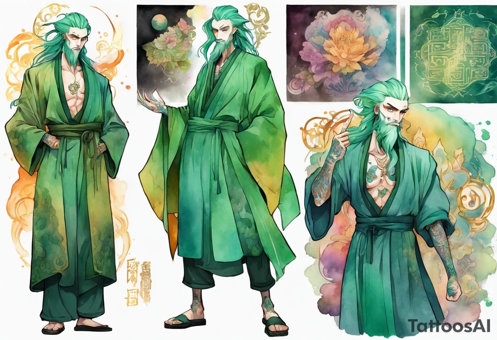 A tall, slender, beautiful man with green skin, He is tall and slender, with pale green skin, long rainbow hair, and a gold and green beard. Amber colored eyes. Wearing a teal monastic robe. tattoo idea