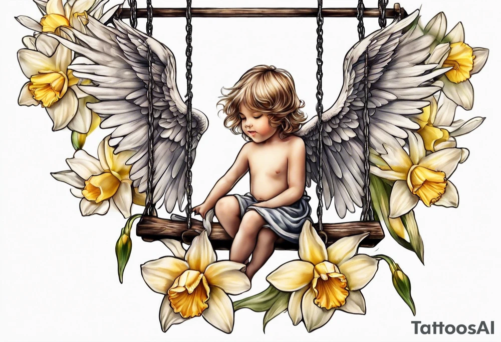 angel child on swing with sagging wings, head down surrounded by lily, daffodil, rose, daisy, narcissus tattoo idea