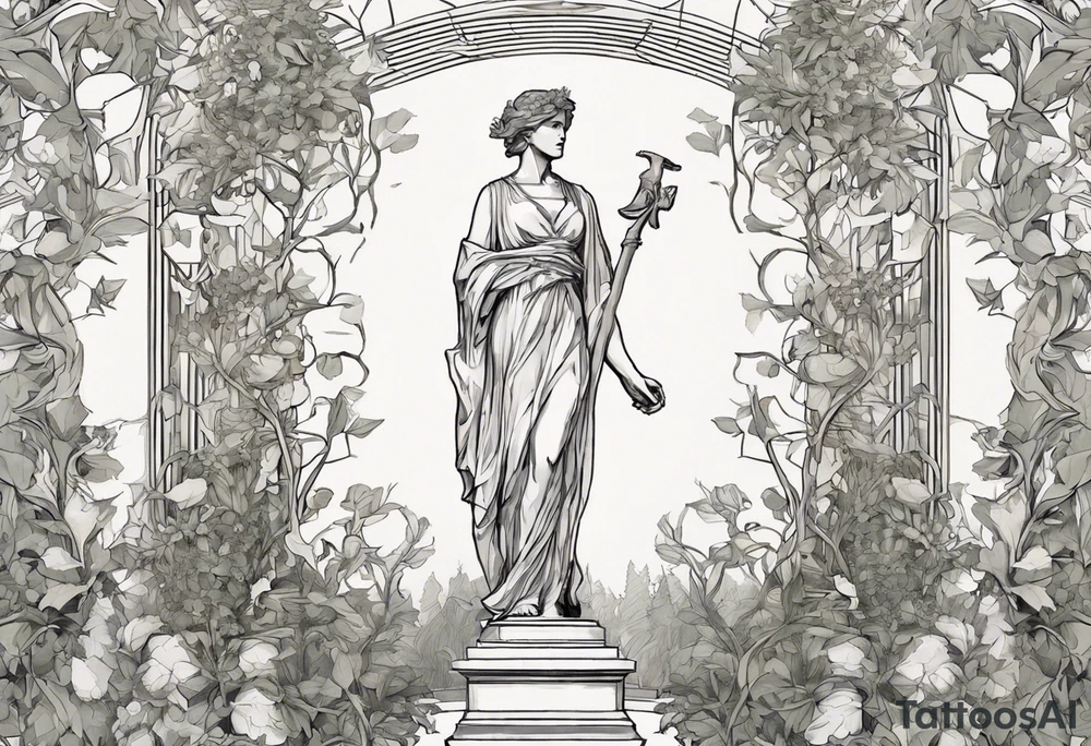 **Design Concept: Athena's Garden**

*Central Focus:*
- Place a small, delicately detailed Athena historic statue
*Surrounding Elements:*
- Intertwine the statue with vines that gracefully flow outwards, connecting seamlessly with Vincent van Gogh's Irises tattoo.

*Geometric Accents:*
- Incorporate geometric shapes around the shield and vines, creating a structured and visually appealing framework. The shapes could represent elements like knowledge, strength, and protection associated with Athena.

*Athena's Symbols:*
- Include Athena's spear and olive branch as smaller elements within the vine design. They can be strategically placed to enhance the overall balance and symbolism.

*Van Gogh's Irises:*
- Integrate the irises into the vine design, allowing them to gracefully intertwine. Pay attention to the delicate details of the irises, ensuring they complement the overall aesthetic.

 Consider earthy greens for the vines complemented by subtle purples and blues for the irises.

*Placement:*
- Given the detailed and intricate nature of the design, the upper chest provides a suitable canvas for the tattoo. Ensure the design is scaled appropriately to fit the chosen placement. tattoo idea
