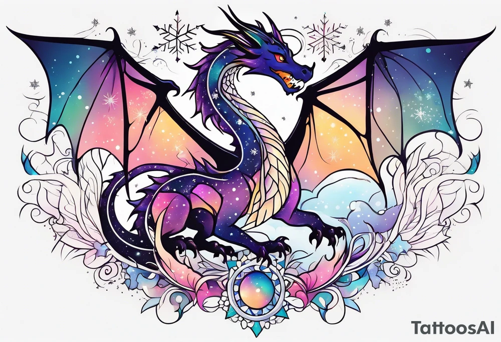Constellation, kawaii dragon, snowflake tattoo idea