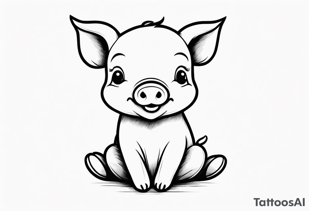 cute simple piglet sitting on bum. big eyes, small/floppy ears. thin lines minimal shading, black and white only, with text "friends not food", white background tattoo idea