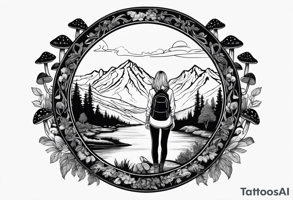 Whole picture encircled fully

Straight long blonde hair hippie girl in distance holding mushrooms in hand facing away toward mountains and creek surrounded by mushrooms long sleeve shirt and hiking pants; whole rendering within a full circle, no cut off circle tattoo idea