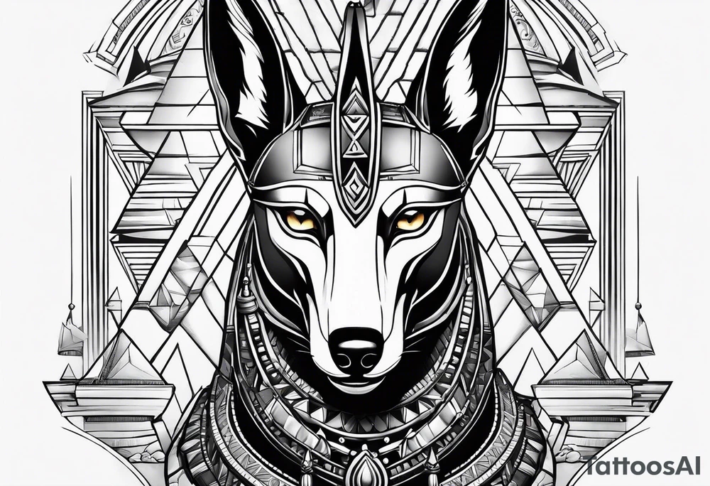 Strict Anubis portrait with pyramids on the background tattoo idea