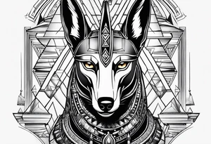 Strict Anubis portrait with pyramids on the background tattoo idea