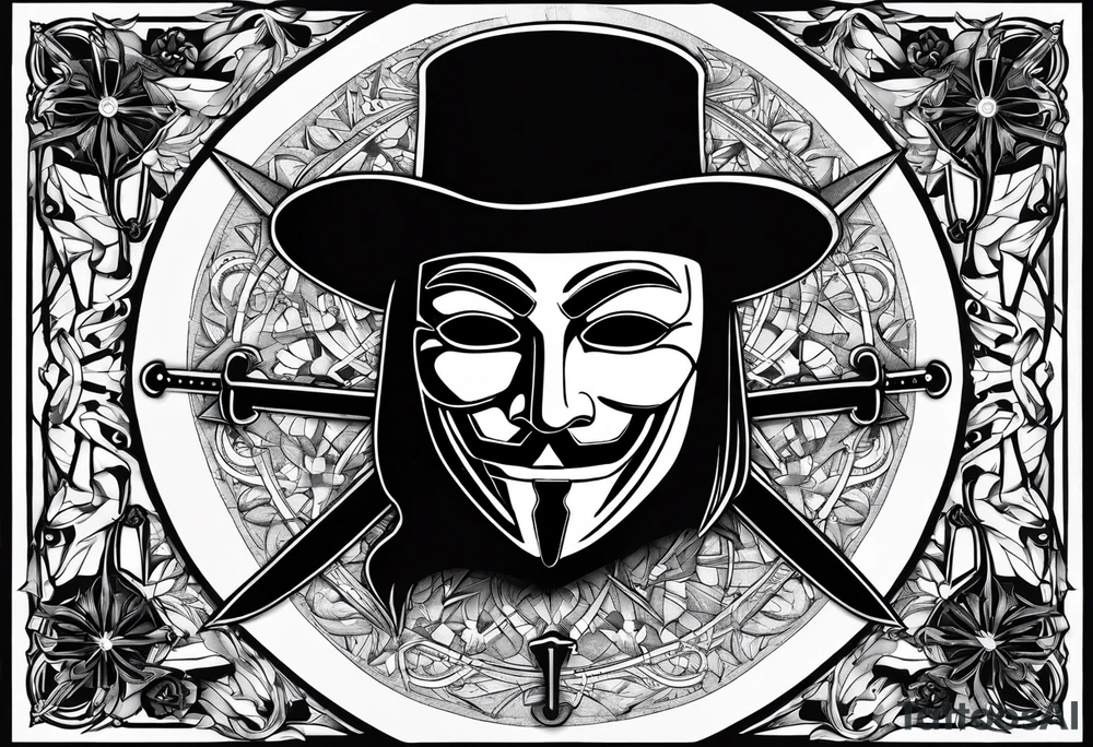 Centered v for vendetta, mask only. No hat.   Vintage compass surround. Crossed fencing swords tattoo idea