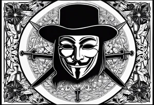 Centered v for vendetta, mask only. No hat.   Vintage compass surround. Crossed fencing swords tattoo idea