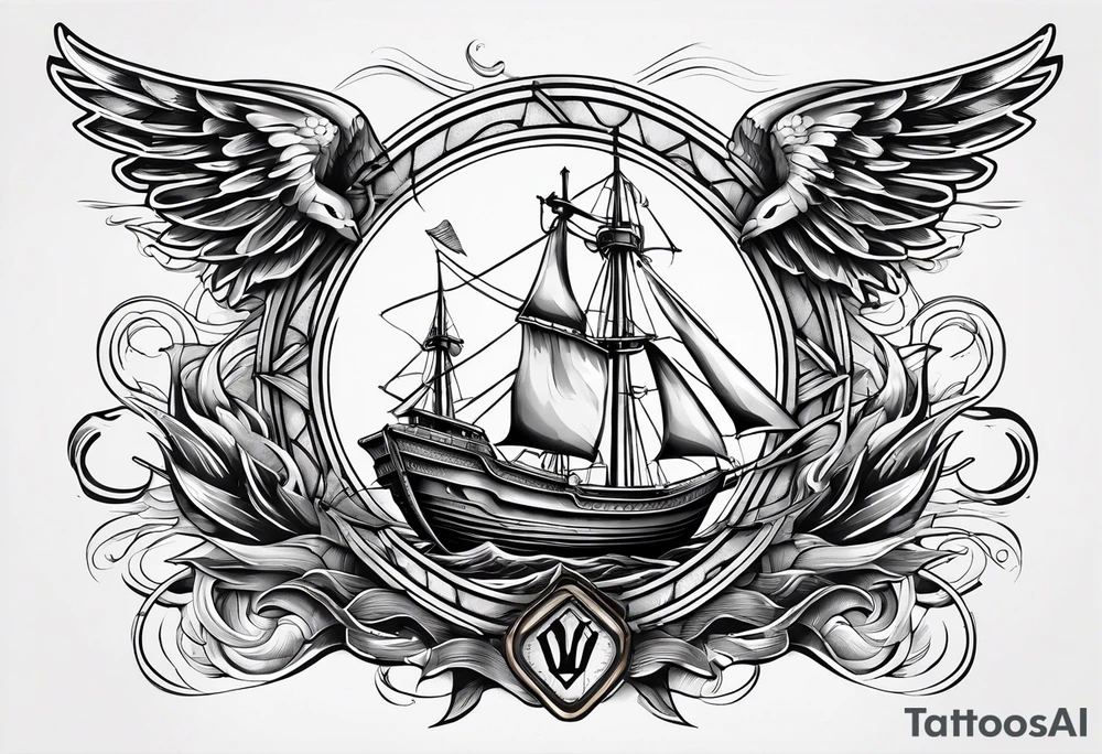 a ship anchor with a large S through the anchor and angle wings on the left and right side. ocean waves in the background tattoo idea