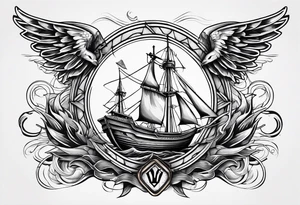 a ship anchor with a large S through the anchor and angle wings on the left and right side. ocean waves in the background tattoo idea