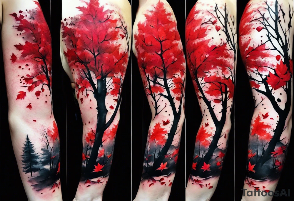 trash polka style. Arm tattoo. chest tattoo. Long tattoo. large tattoo. Full sleeve. Shoulder. A single large maple tree with red autumn leaves that branches upwards from wrist to shoulder. White-throated dipper bird on the trees branches. Calluna flowers at the base of the trees stem. Leaves falling. tattoo idea