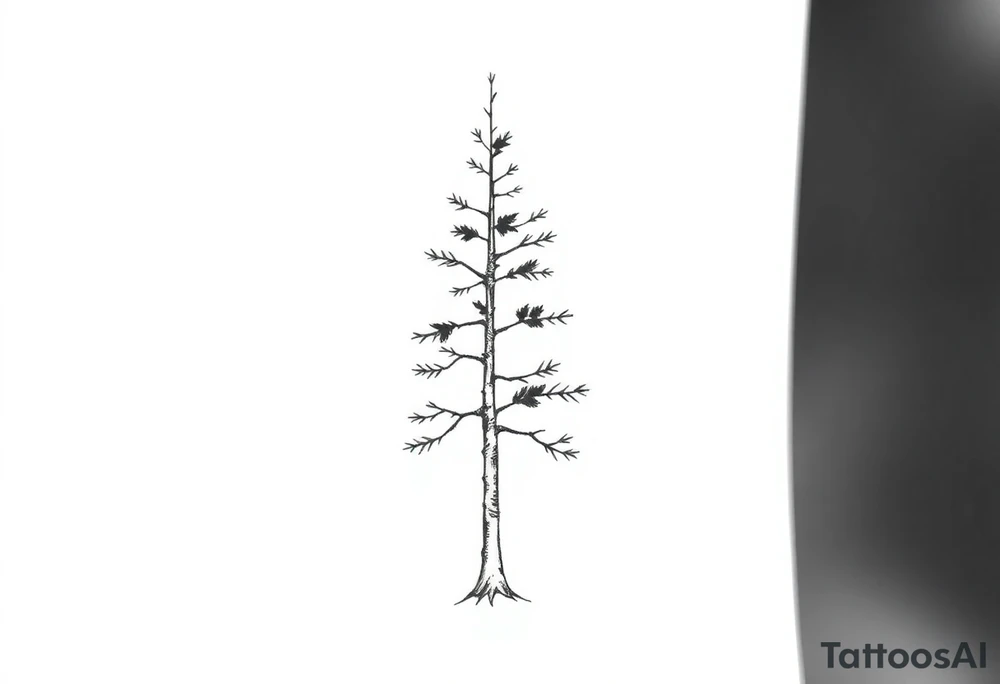 A sleek pine tree rendered in a single continuous outline. The trunk contains faint, horizontal internal lines that subtly resemble growth rings, symbolizing personal development and resilience. The design is simple yet meaningful, evoking growth and strength. tattoo idea